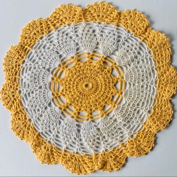 Vintage Hand Crocheted Doily Yellow & White - Picture 2 of 6
